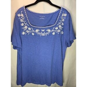 Talbots T-Shirt Women's XL Cobalt Blue White Floral Embroidery Short Sleeve